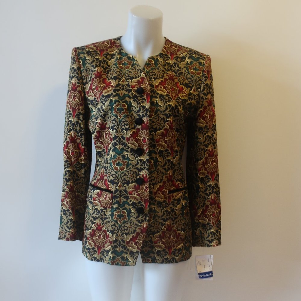 NWT Womens David Brooks Green Wine Gold Floral Print Blazer Jacket 4 *